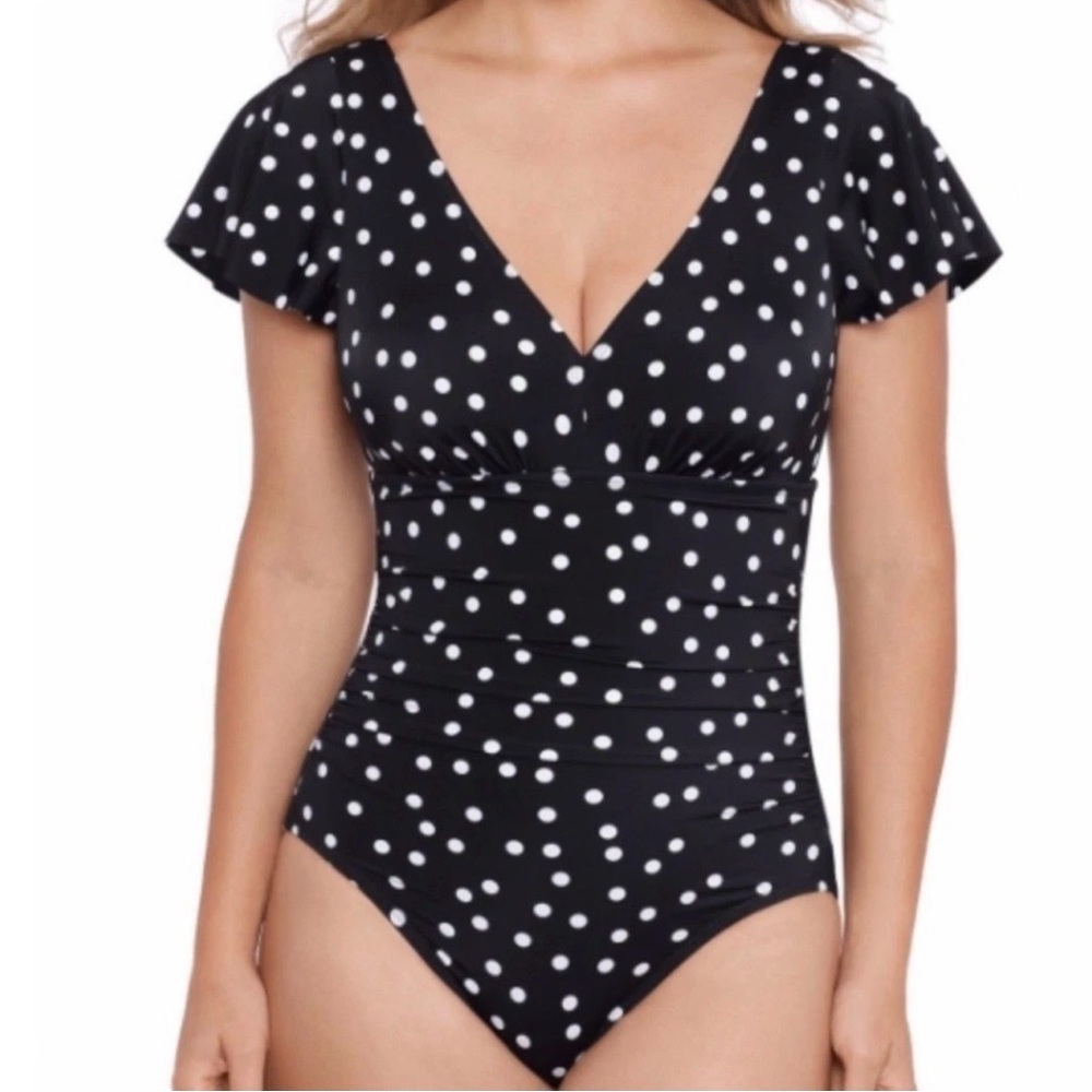 NWT SWIM SOLUTIONS Flutter Ruffle Sleeve Polka Dot One Piece Swimsuit Sz. 10‎